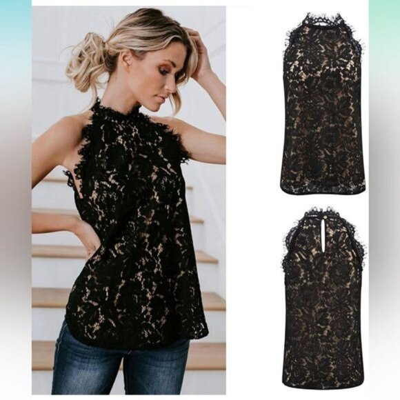 Talia Sleeveless Black Lace Halter Neck Top Floral Crochet Design Size Large - Picture 3 of 12